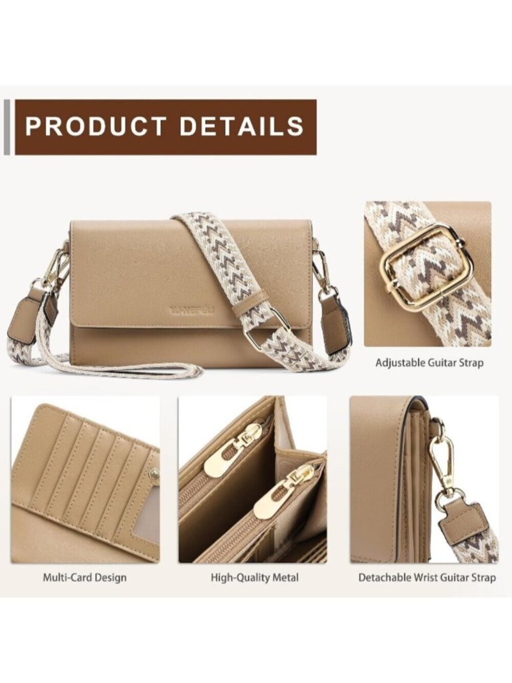 〽️Women's Khaki Wristlet Phone Mini Purse Small Vegan Leather Crossbody Bags - Picture 4 of 6